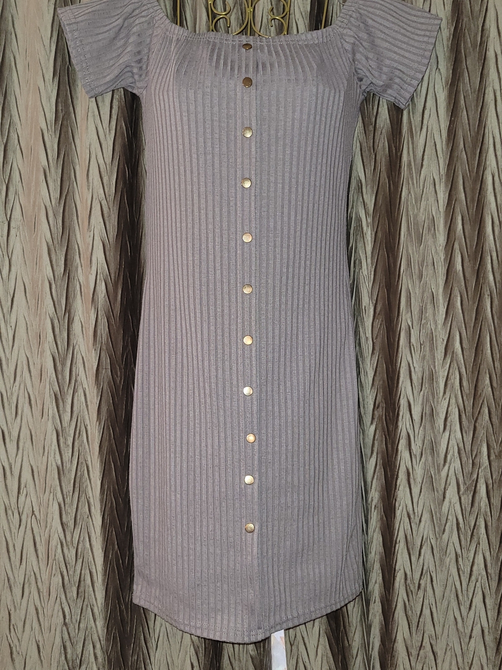 Say What? Off-The-Shoulder Ribbed Button Midi Dress - Dusty Mauve / Size M
